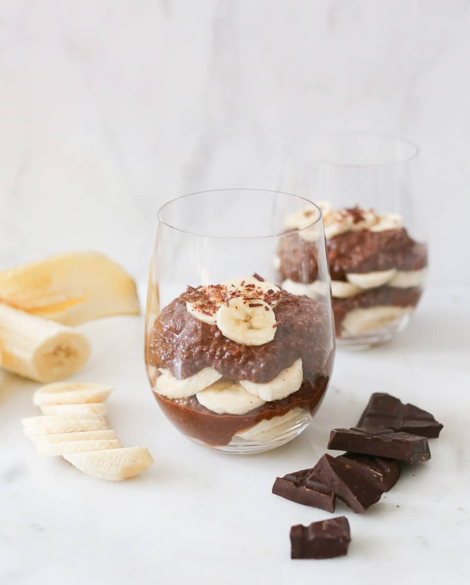 Chocolate Covered Banana Chia Seed Pudding in cups.