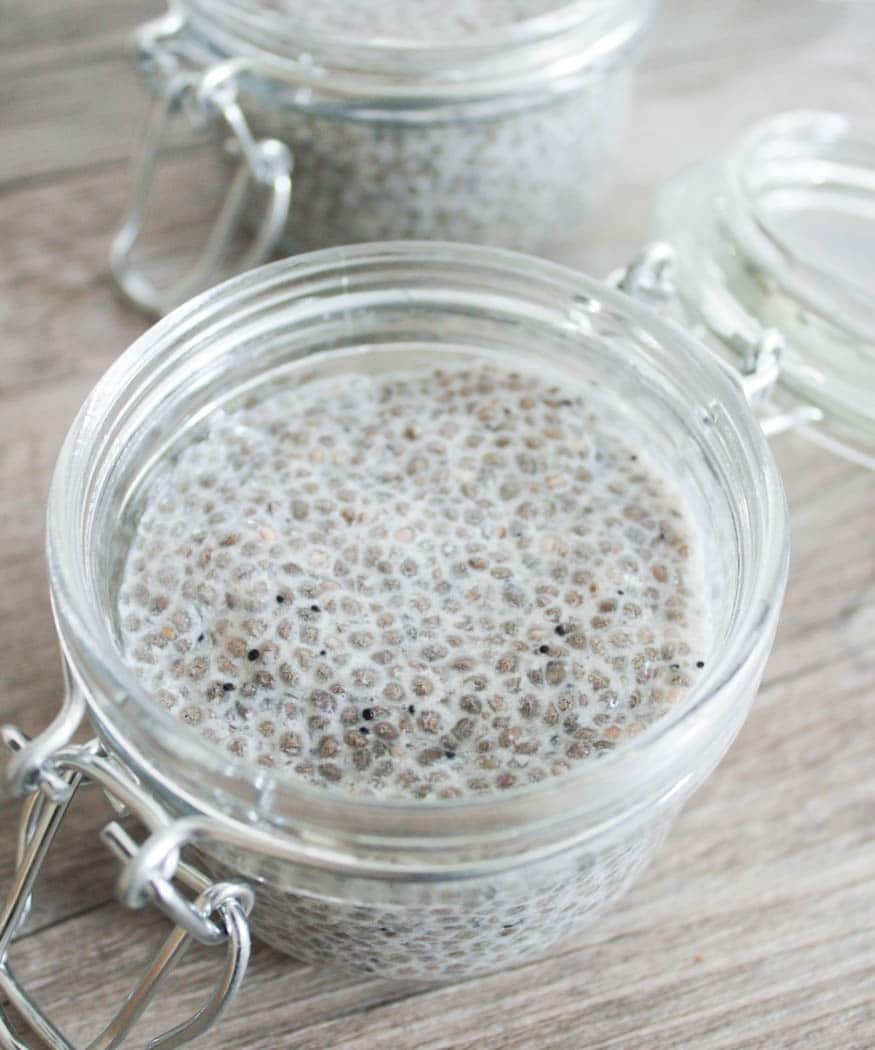 Close up of a weck jar filled with ungarnished chia seed pudding to show texture.