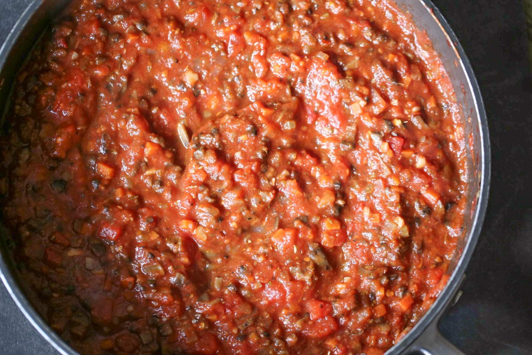 Finished portobello bolognese sauce in the pot.