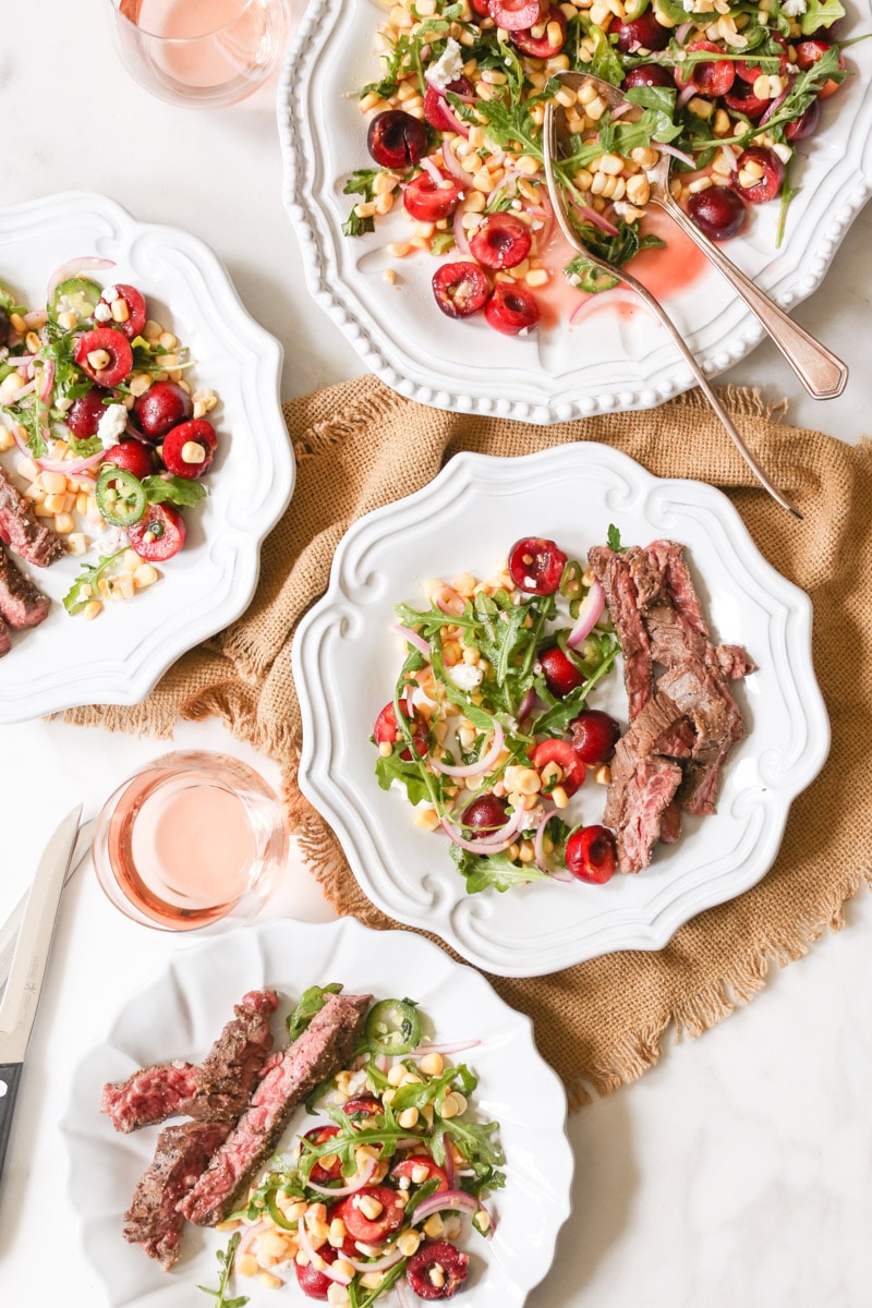 Marinated-Skirt-Steak-with-Corn-and-Sweet-Cherry-Salad
