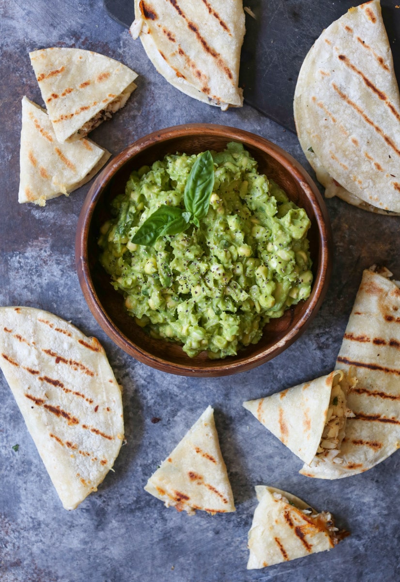 Mini-Crab-and-Bacon-Quesadillas-with-Sweet-Corn-Guacamole