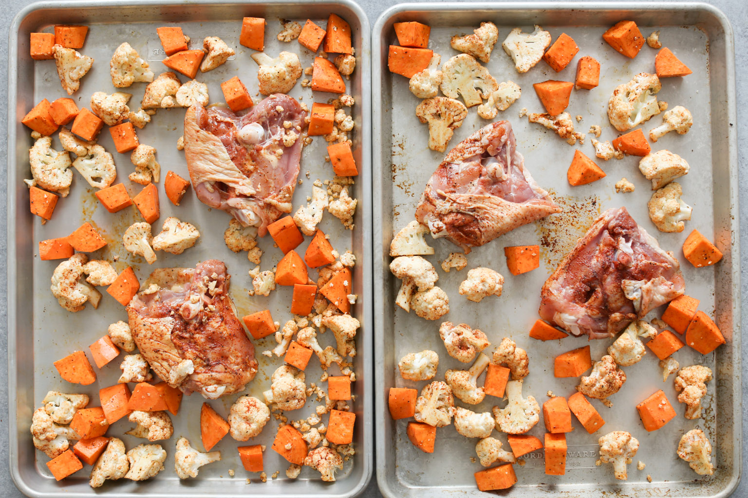 Sheet Pan Chicken Thighs with Cauliflower, Sweet Potatoes, and Pomegranate