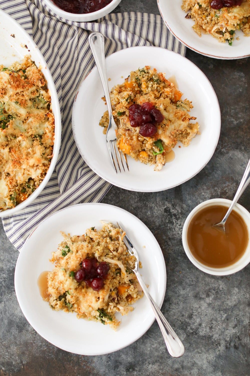 Overhead Shot of the Thanksgiving Quinoa Bake Casserole with two plated servings. 