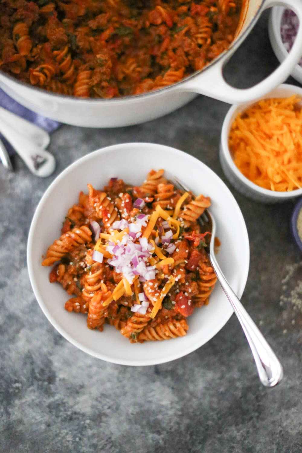 Close up of a bowl of one-pot cheeseburger pasta.