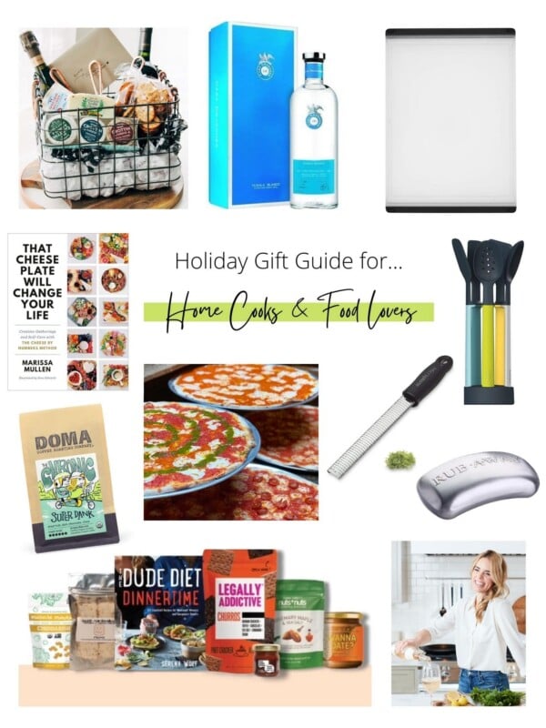 Collage of holiday gift ideas for home cooks and food lovers.