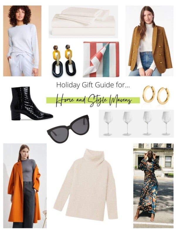 Collage of holiday gift ideas for home decor lovers and fashionistas.