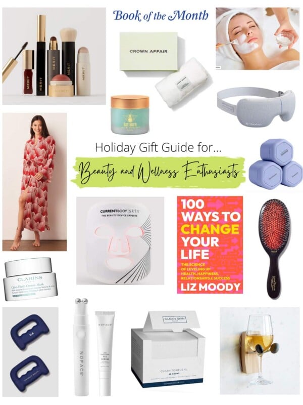 Collaged images of beauty and wellness gift ideas.
